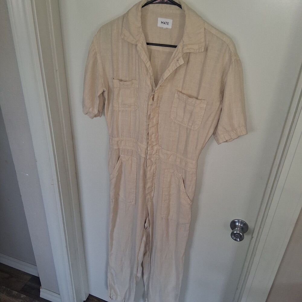 MATE the Label Organic Linen Short Sleeve Utility Jumpsuit S Beige Minimalist - Picture 2 of 12